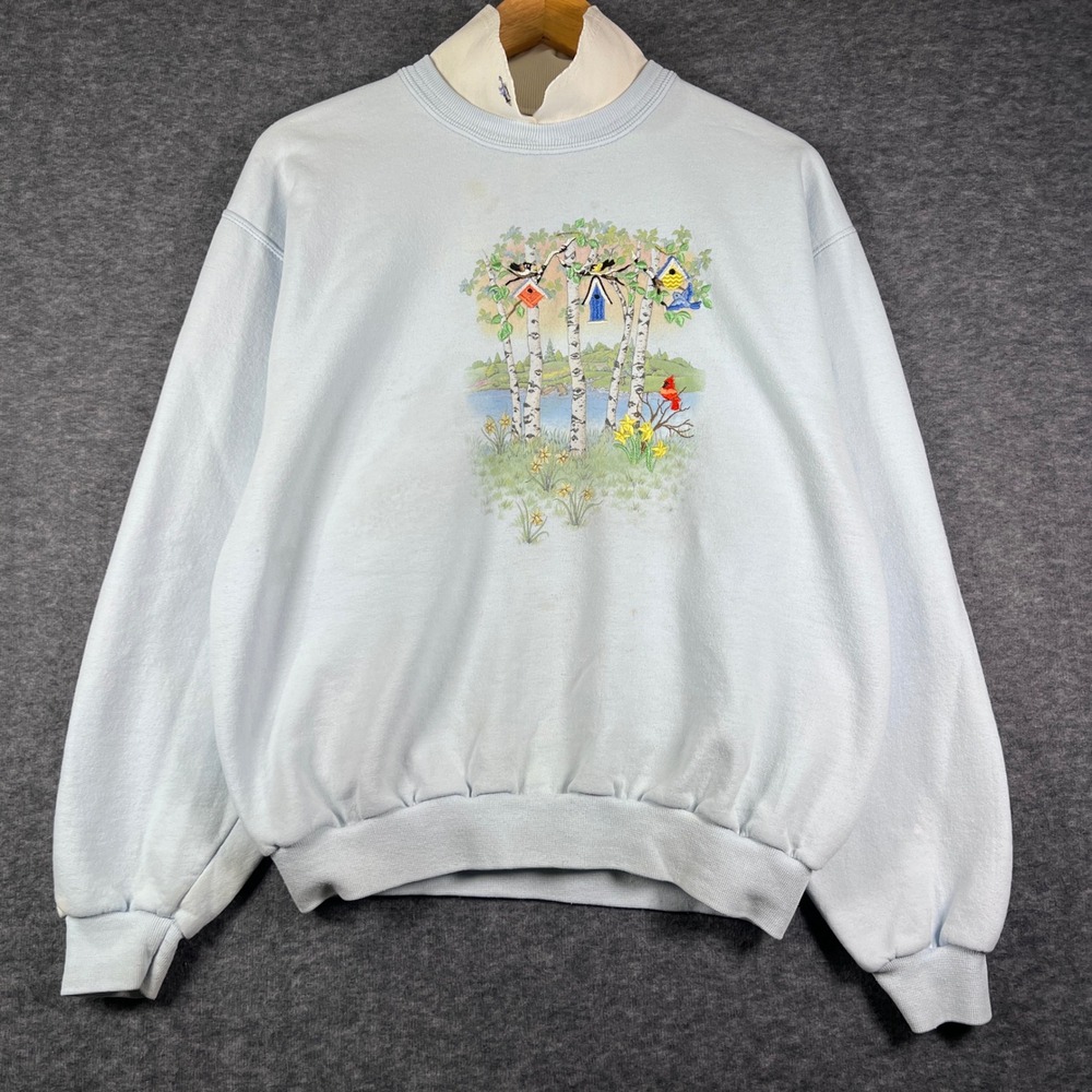 Vintage Birdhouse Birch Tree Graphic Sweatshirt‎ Light Blue Mock Neck Pullover